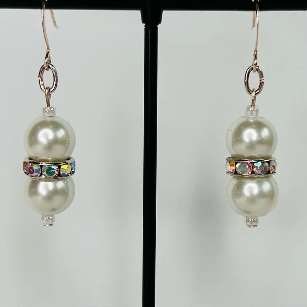 HAND CRAFTED Pearl EARRINGS White Silver Czech Crystal Rondelle Drop NWT - Picture 2 of 10